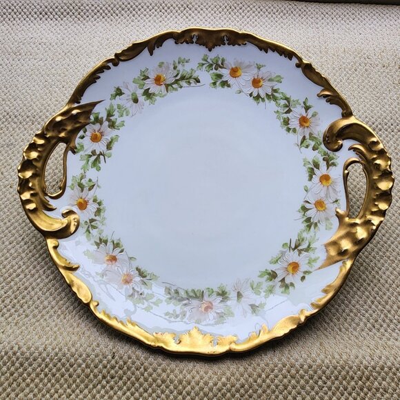 T & V Limoges Daisy Chain 2 Handled Venice Cake Plate 11" Heavy Gold Trim France - Picture 8 of 11